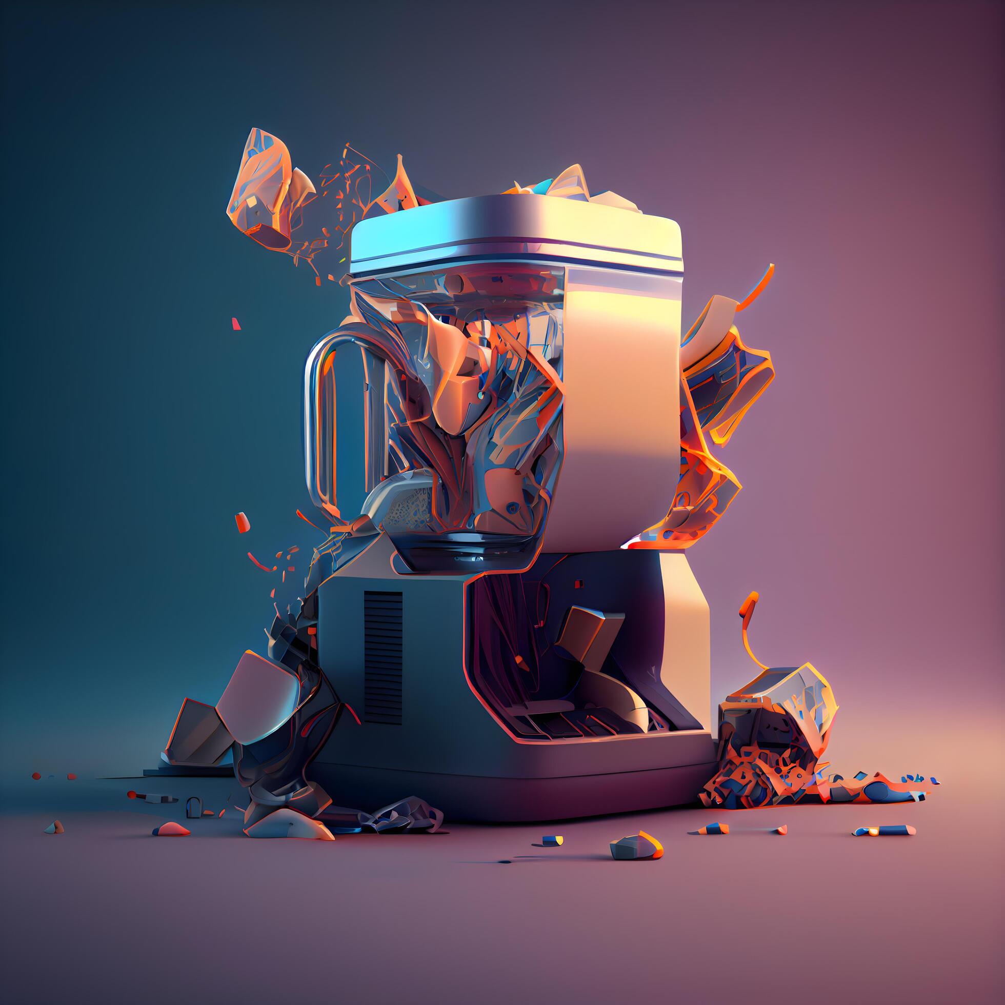 Broken blender with broken glass. 3d render illustration isolated on dark background, Ai