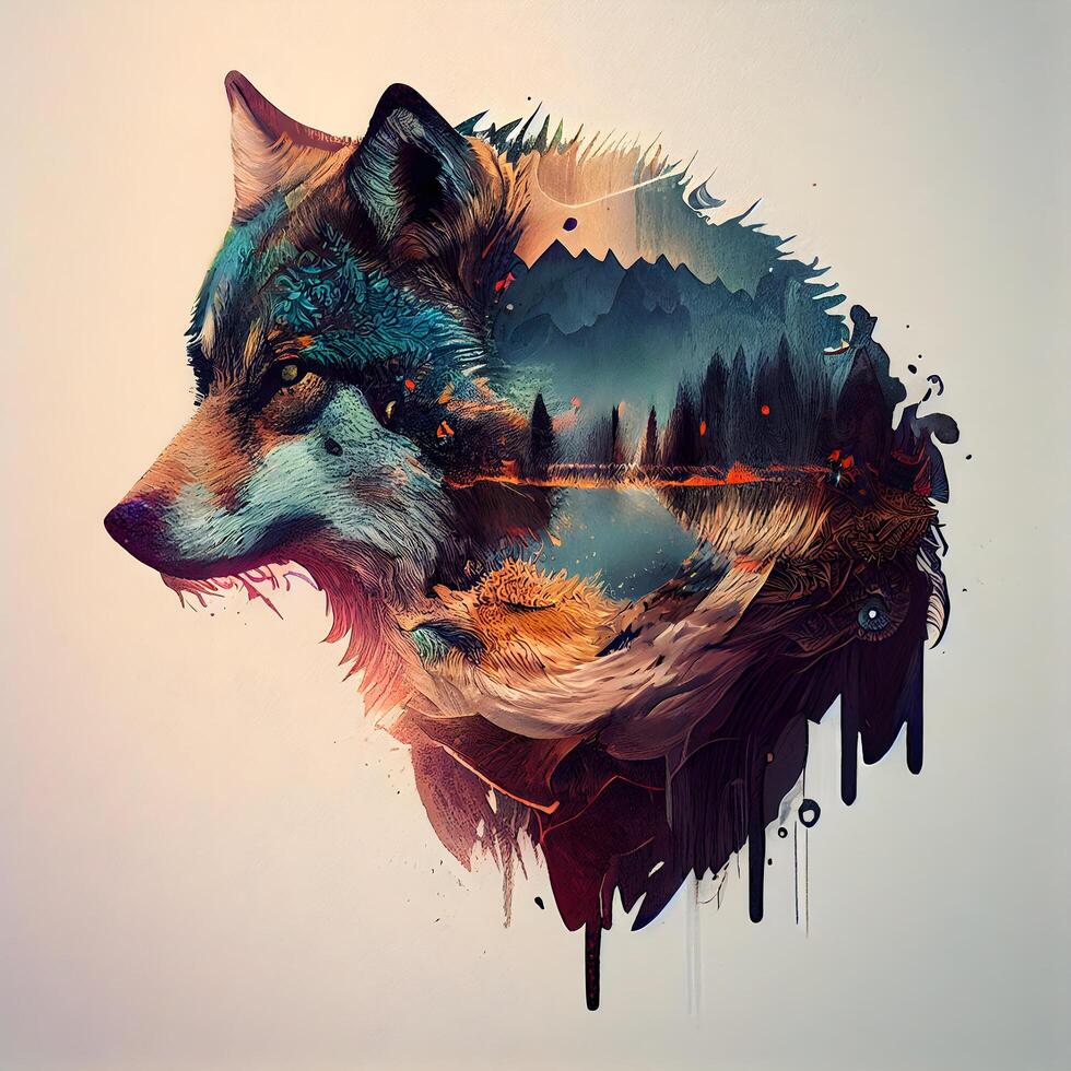 Artistic digital painting of a fox in front of a lake., Image photo