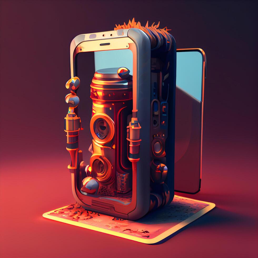 Vintage radio and mobile phone on a dark background. 3d render, Image photo