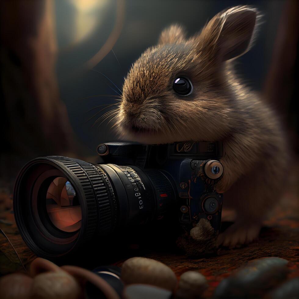 Rabbit with camera on the background of nature. 3d rendering, Image photo