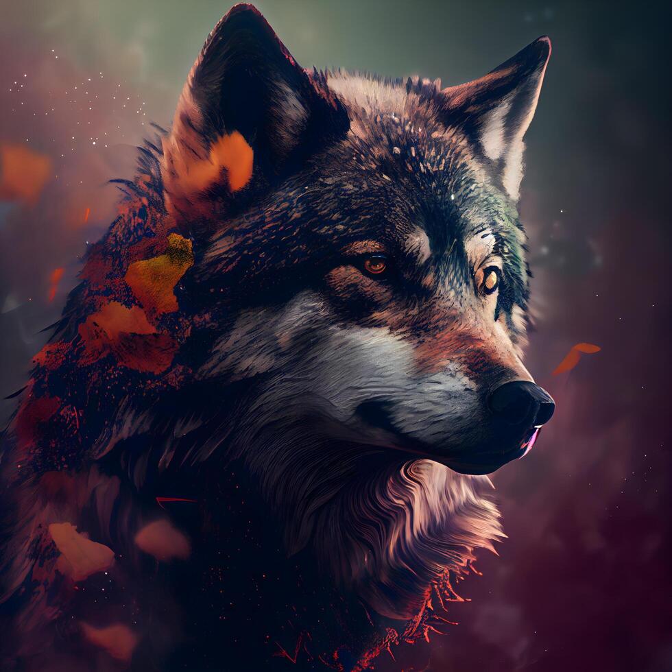 Portrait of a wolf on a background of autumn leaves. Digital painting., Image photo