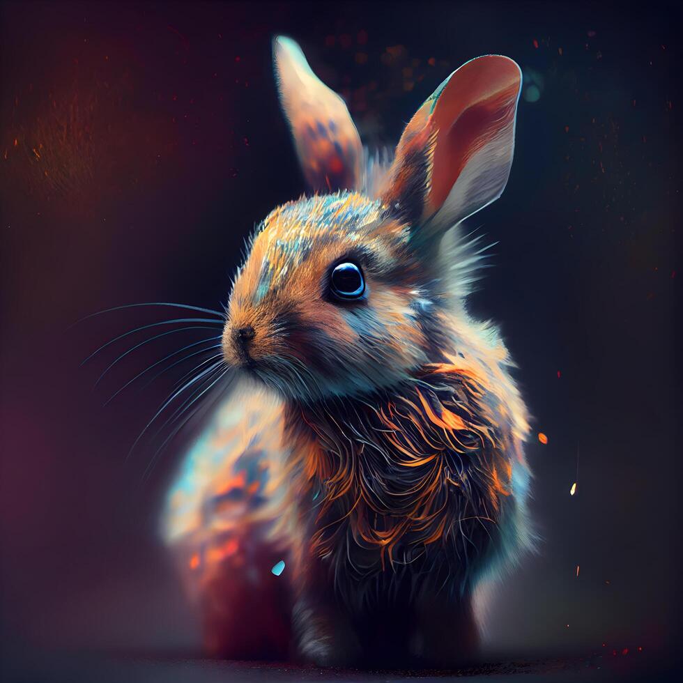 Funny little rabbit on a dark background. Digital painting. Colorful illustration., Image photo