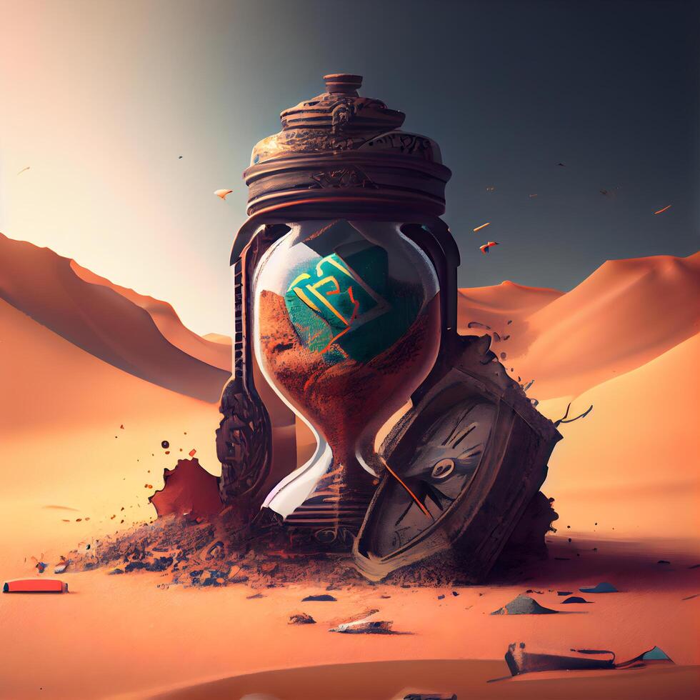 Time is running out concept. Hourglass in desert. 3D rendering, Image photo