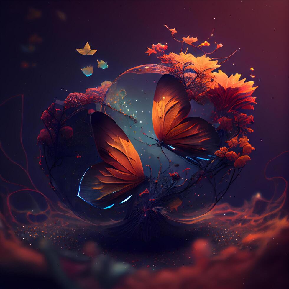 Fantasy planet with butterflies and flowers on dark background. 3D rendering, Image photo