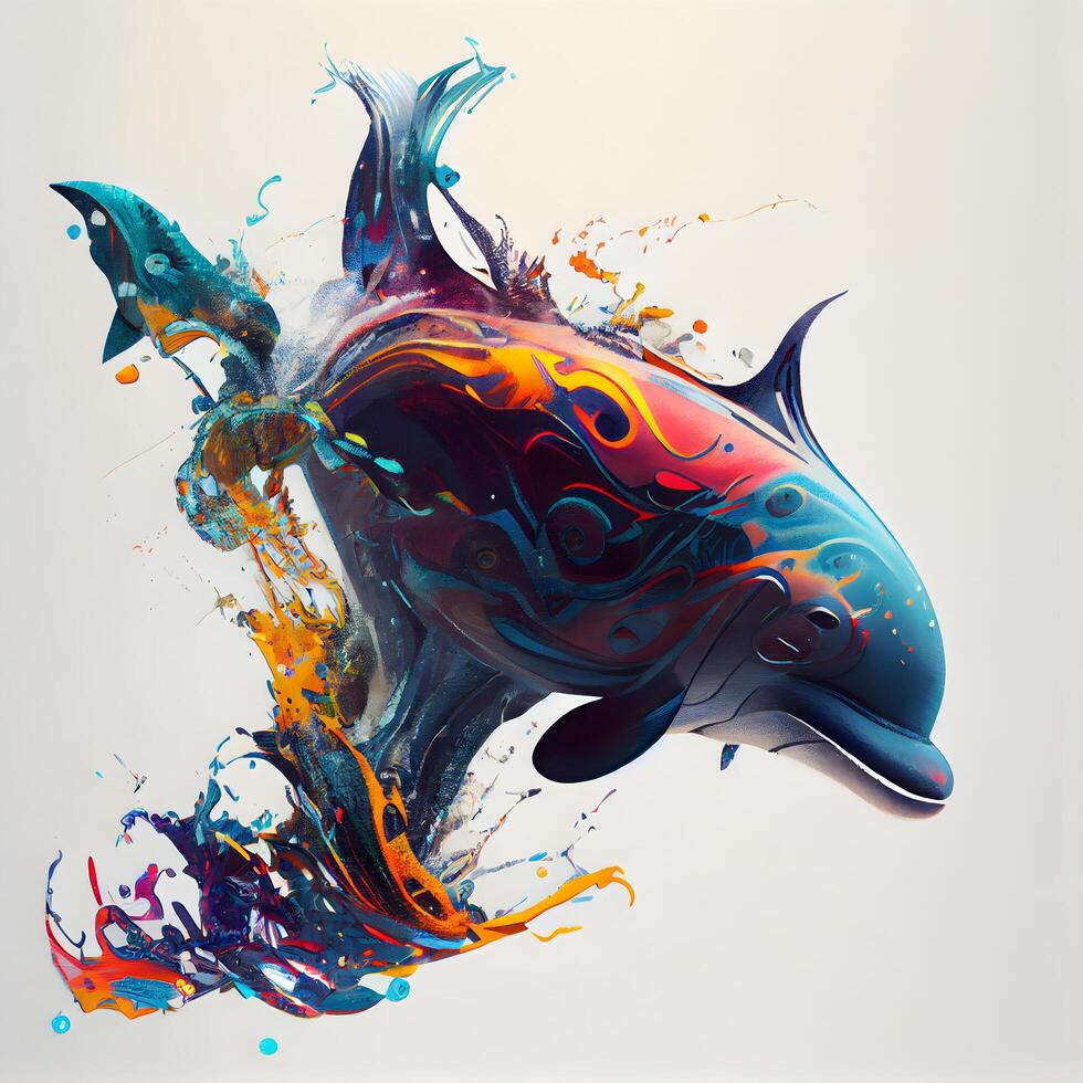 Splash of paint on a dolphin head. 3d rendering., Image photo