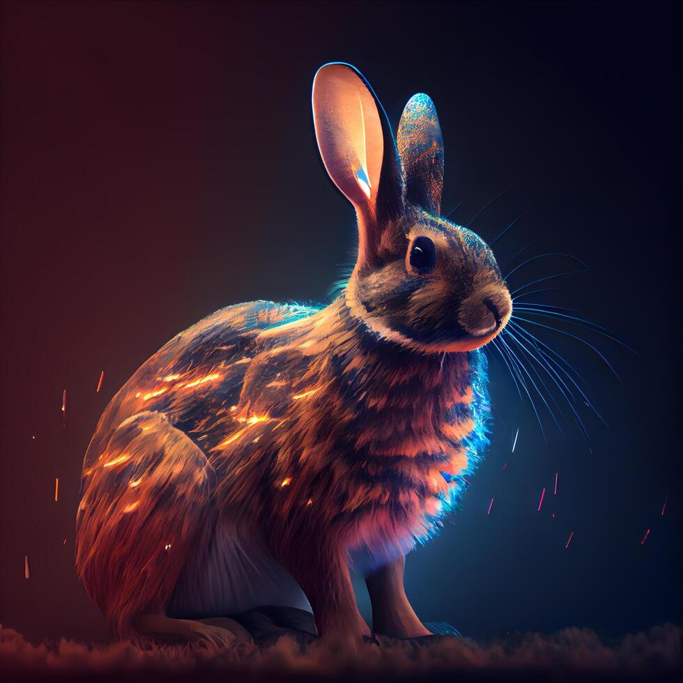 Fantasy illustration with a hare on a dark background with sparks, Image photo