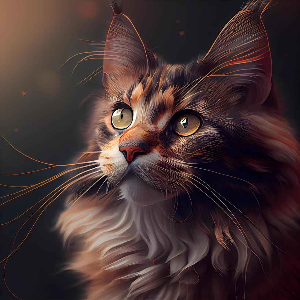 Cute Maine Coon cat portrait on black background. Fluffy pet., Image photo