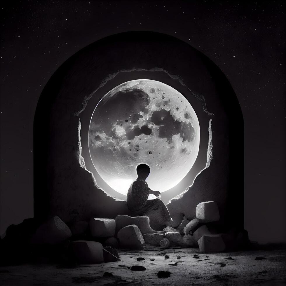 Man sitting in front of the moon in a dark room at night, Image photo