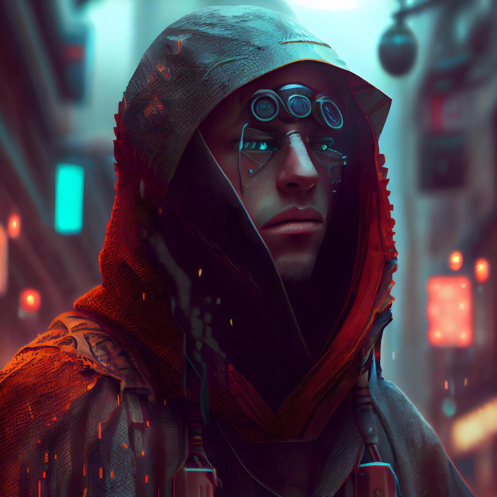 Portrait of a futuristic man in a hood and glasses. 3d rendering., Image photo