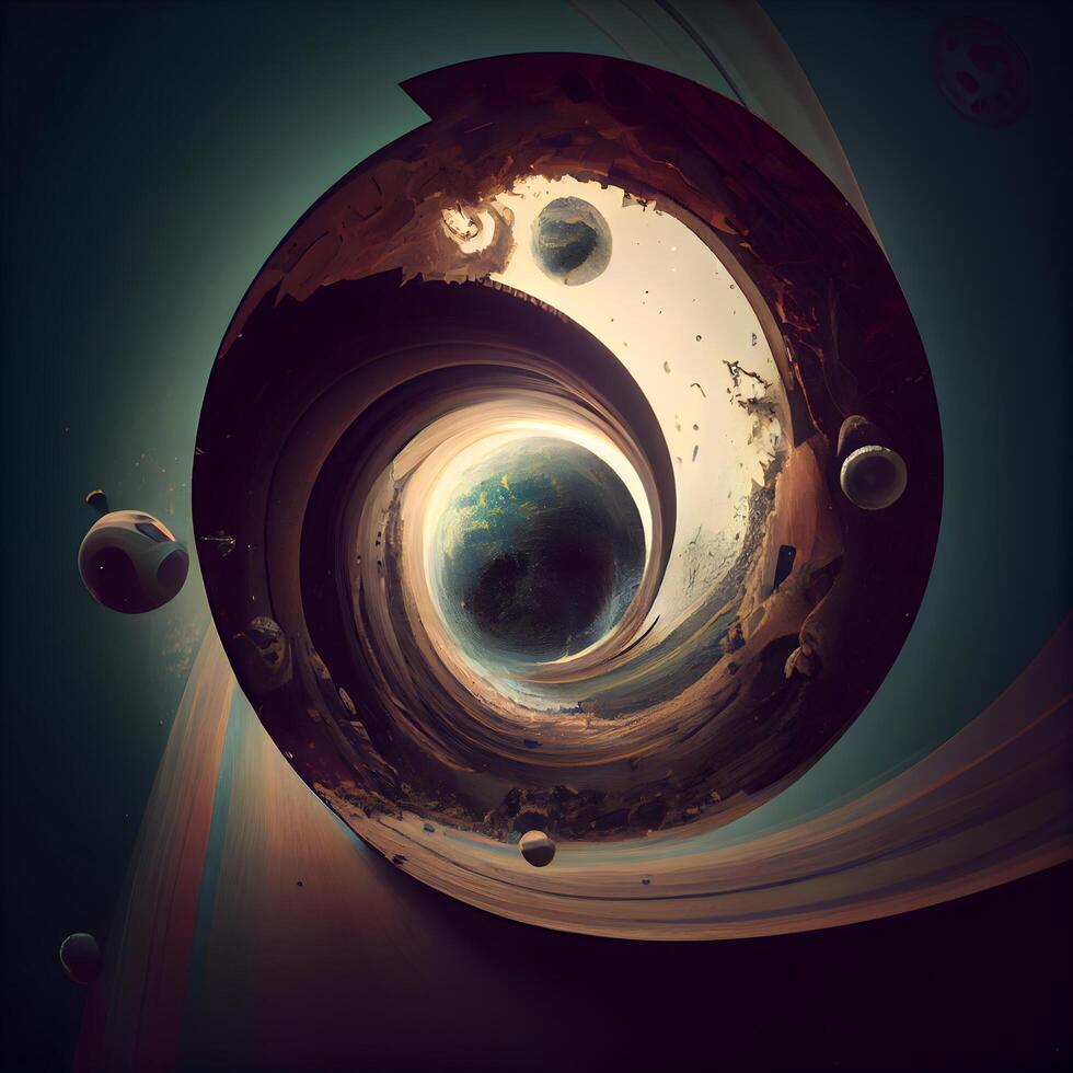 Futuristic space tunnel with planets and stars. 3D rendering, Image photo