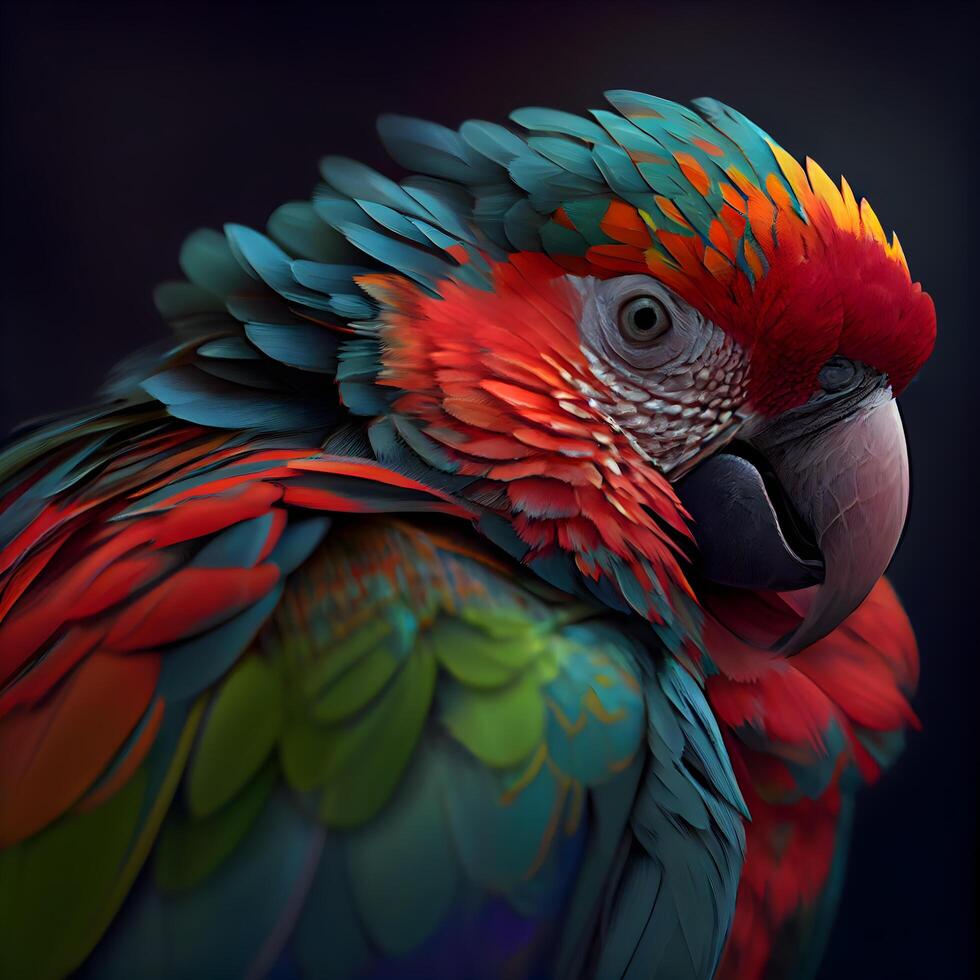 Colorful macaw parrot isolated on black background. 3d rendering, Image photo