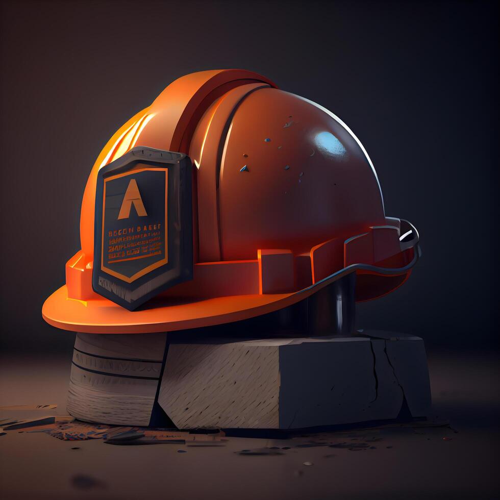 Hard hat on a piece of wood. 3d illustration on dark background, Image photo