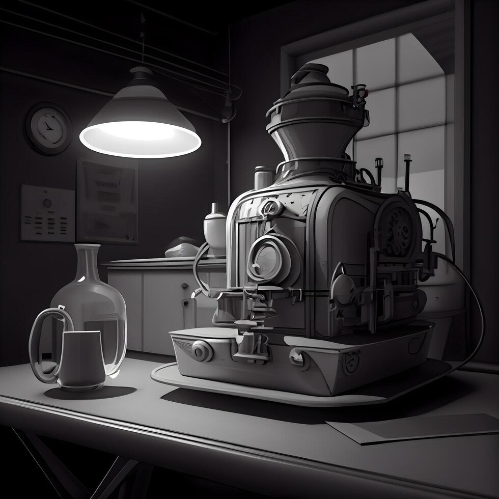 3d illustration of an old steam locomotive in a dark room, Image photo
