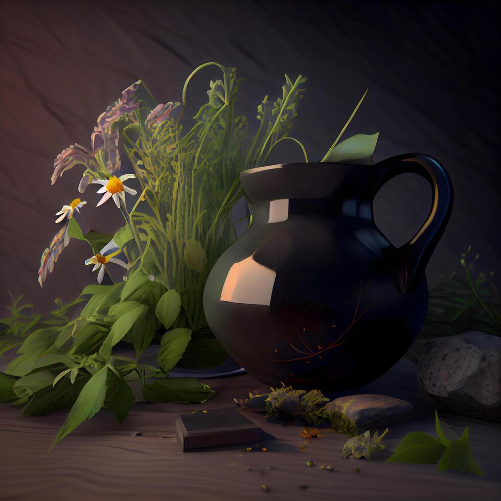 illustration of herbs and spices in clay vase on black background, Image photo