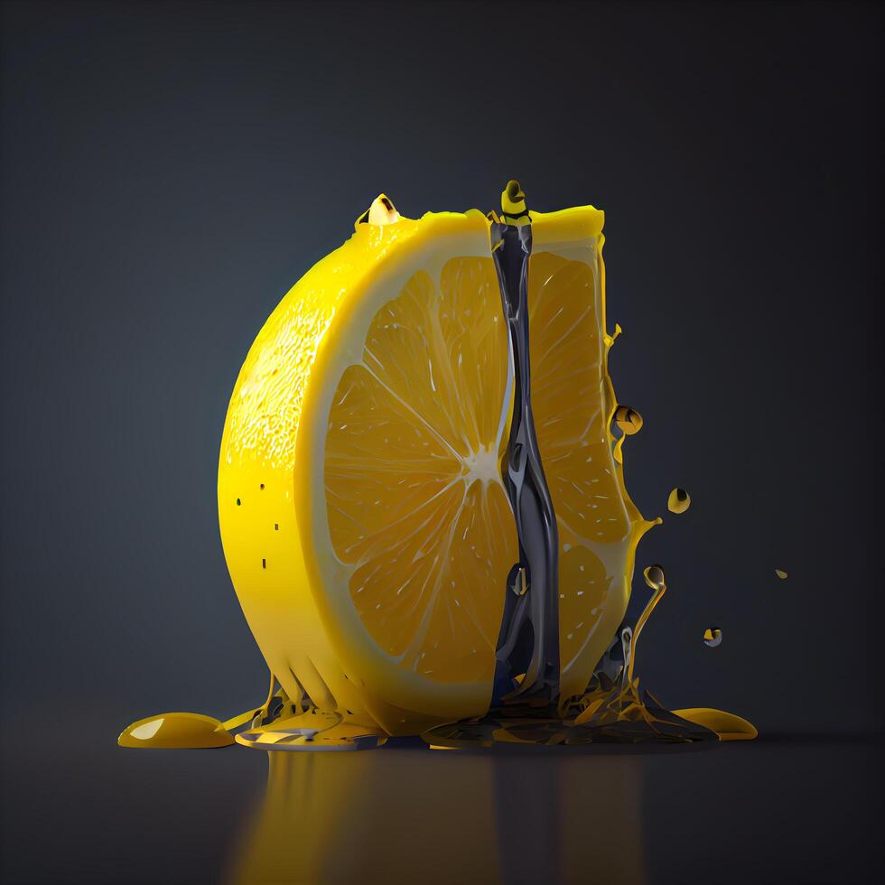 Lemon slice with juice splash on black background. 3d rendering, Image photo