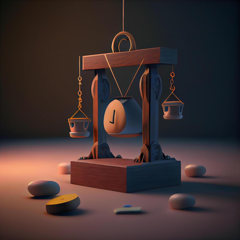 Scales of justice and balance on dark background. 3d rendering, Image photo