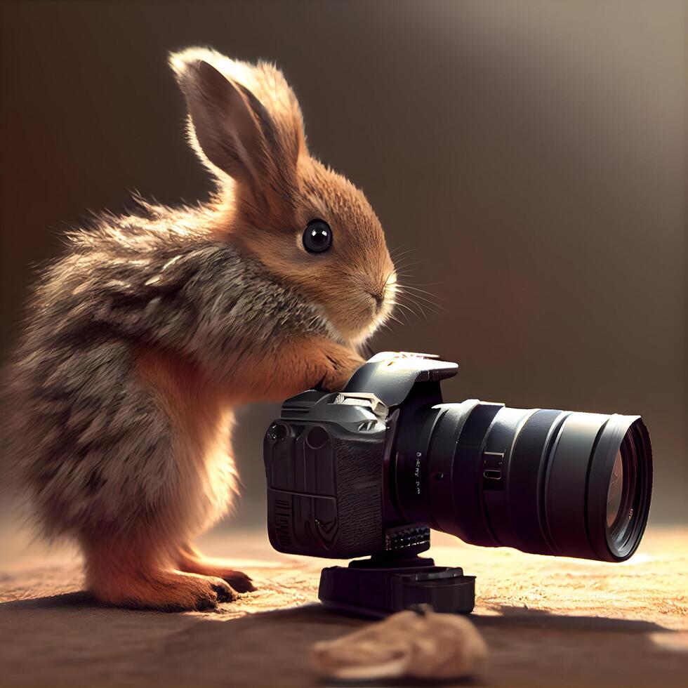 Cute little rabbit with a camera on a background of brown., Image photo