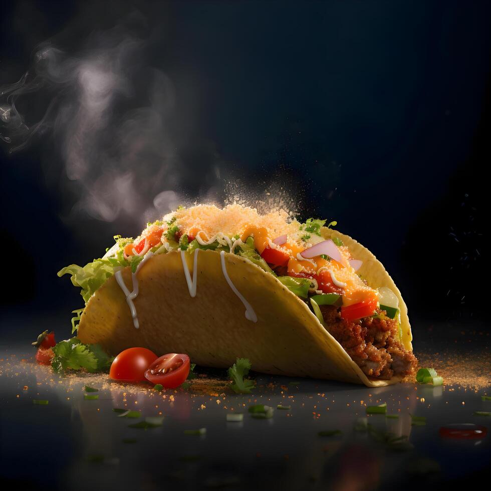 tacos with meat and vegetables on a black background with smoke, Image photo