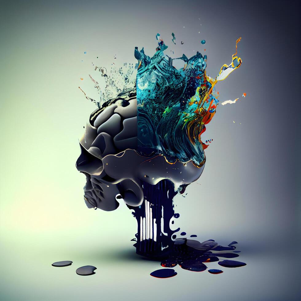 humano cerebro con salpicaduras de pintar. 3d hacer ilustración., ai generativo imagen foto