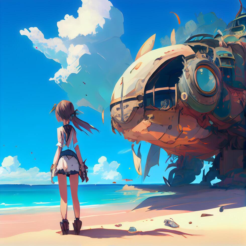 Beautiful girl on the beach with an old ship. illustration., Image photo