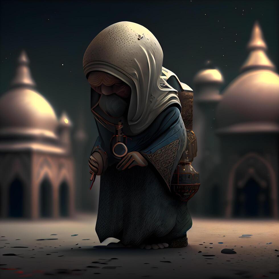 Muslim woman praying in front of the mosque. 3D rendering., Image photo