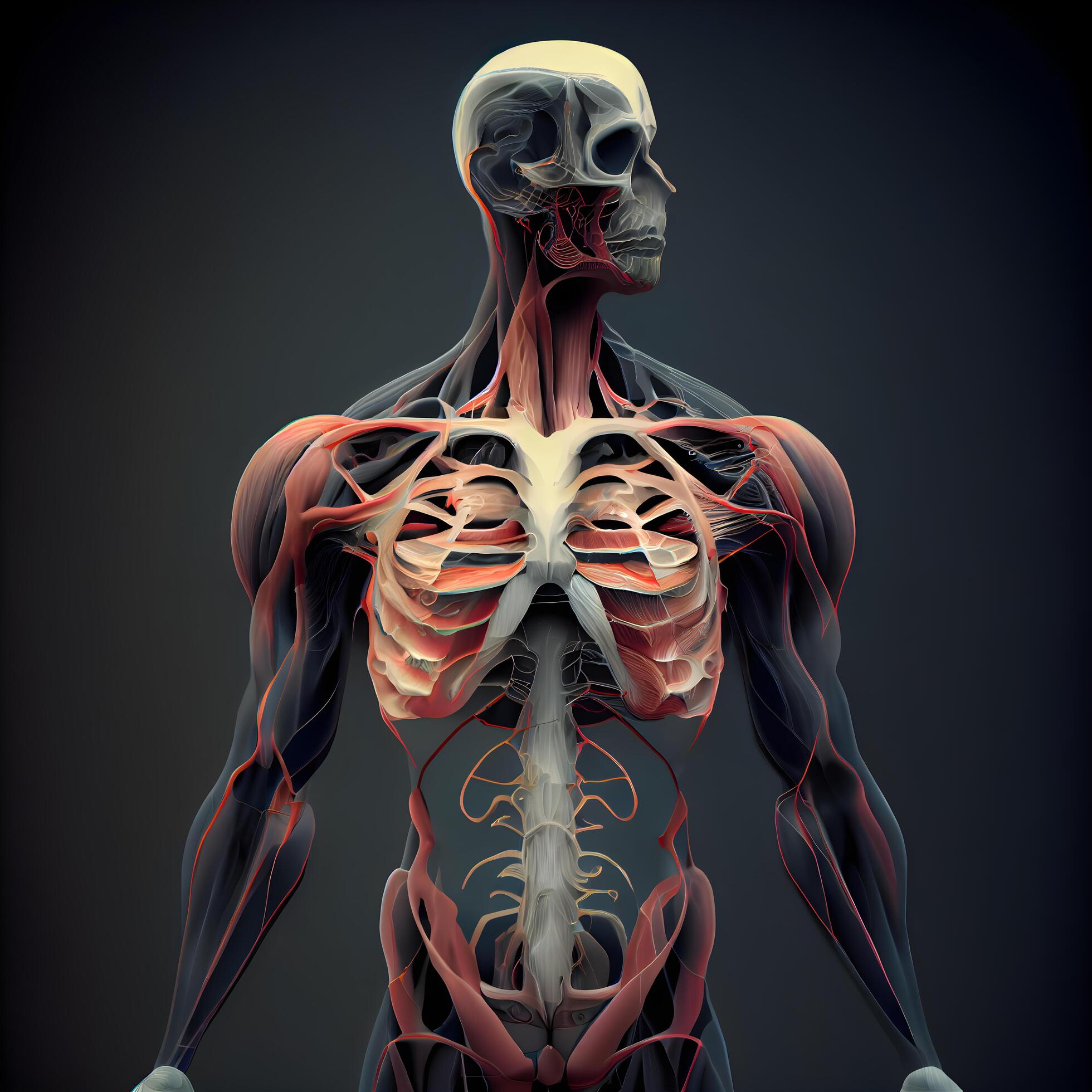 3D Illustration Of Human Skeleton Anatomy With Muscle Maps Over Dark 3d-illustration-of-human-skeleton-anatomy-with-muscle-maps-over-dark