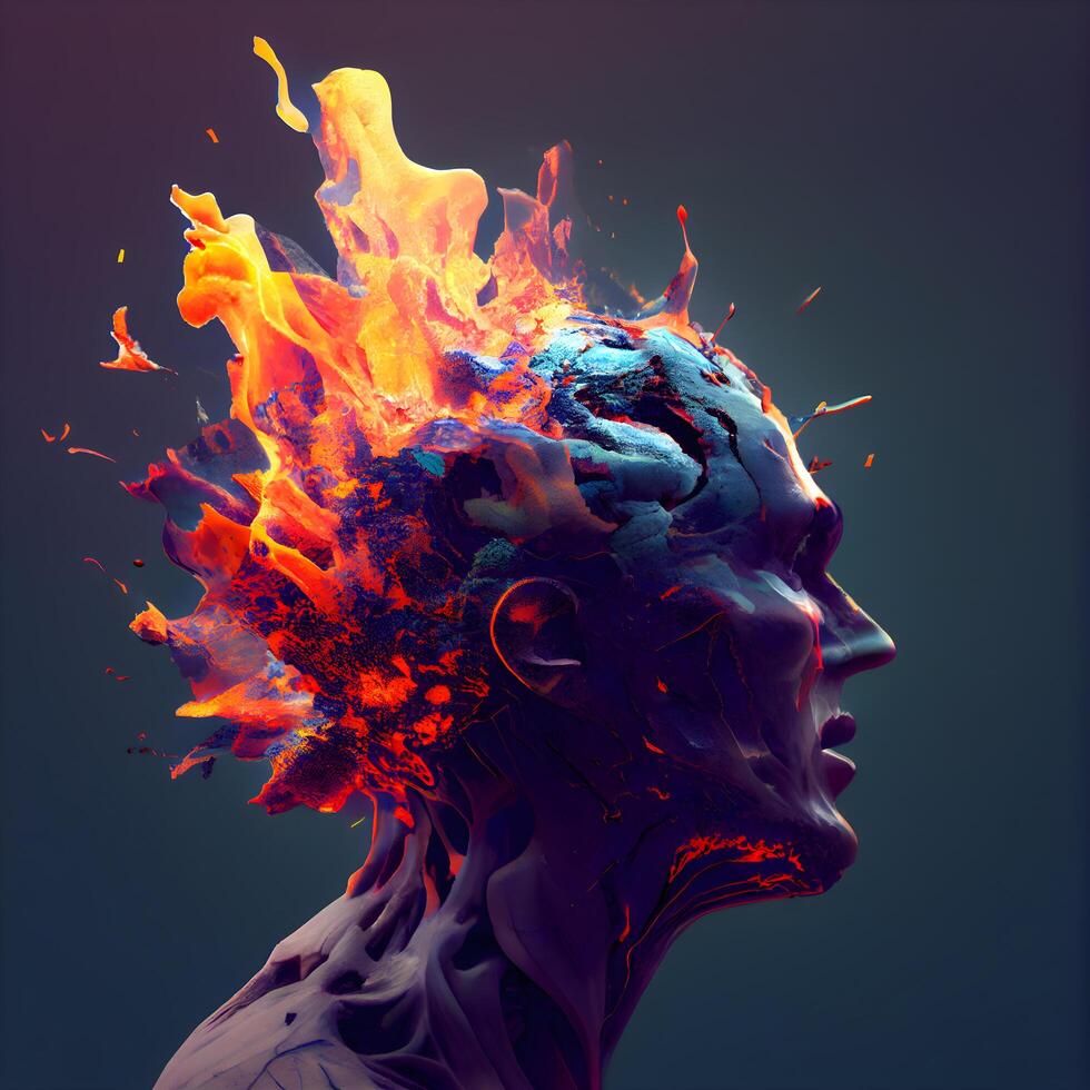 Human head in fire and flames. 3d illustration. Conceptual image., Image photo