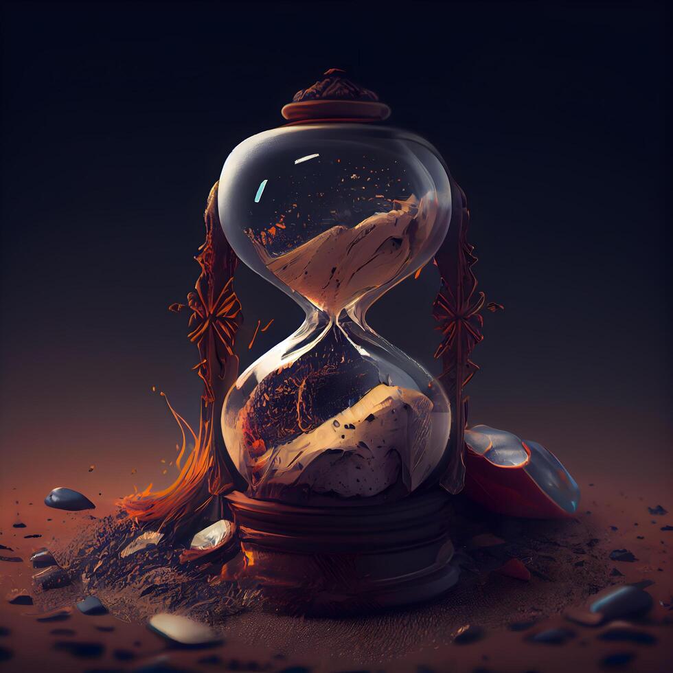 reloj de arena con arena en oscuro antecedentes. 3d hacer ilustración., ai generativo imagen foto