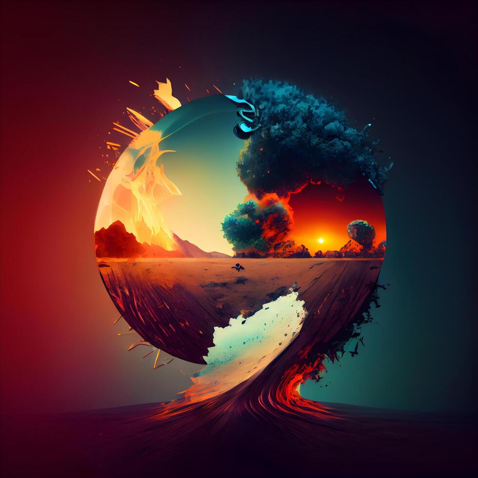 Abstract planet with fire and smoke on dark background. illustration., Image photo
