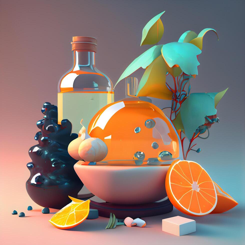Essential oil in a glass bottle with orange and lemon, 3d illustration, Image photo