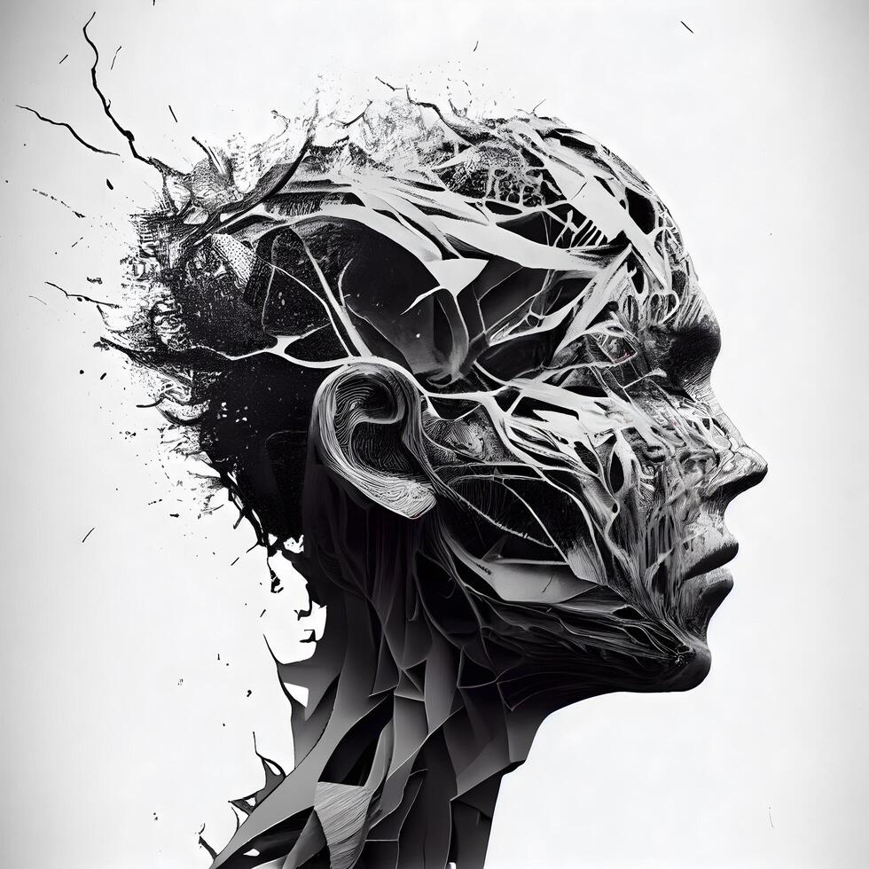 3d illustration of a female head with black and white paint splashes, Image photo