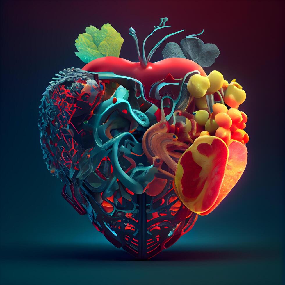 humano corazón hecho de frutas y vegetales en un oscuro antecedentes. 3d representación, ai generativo imagen foto