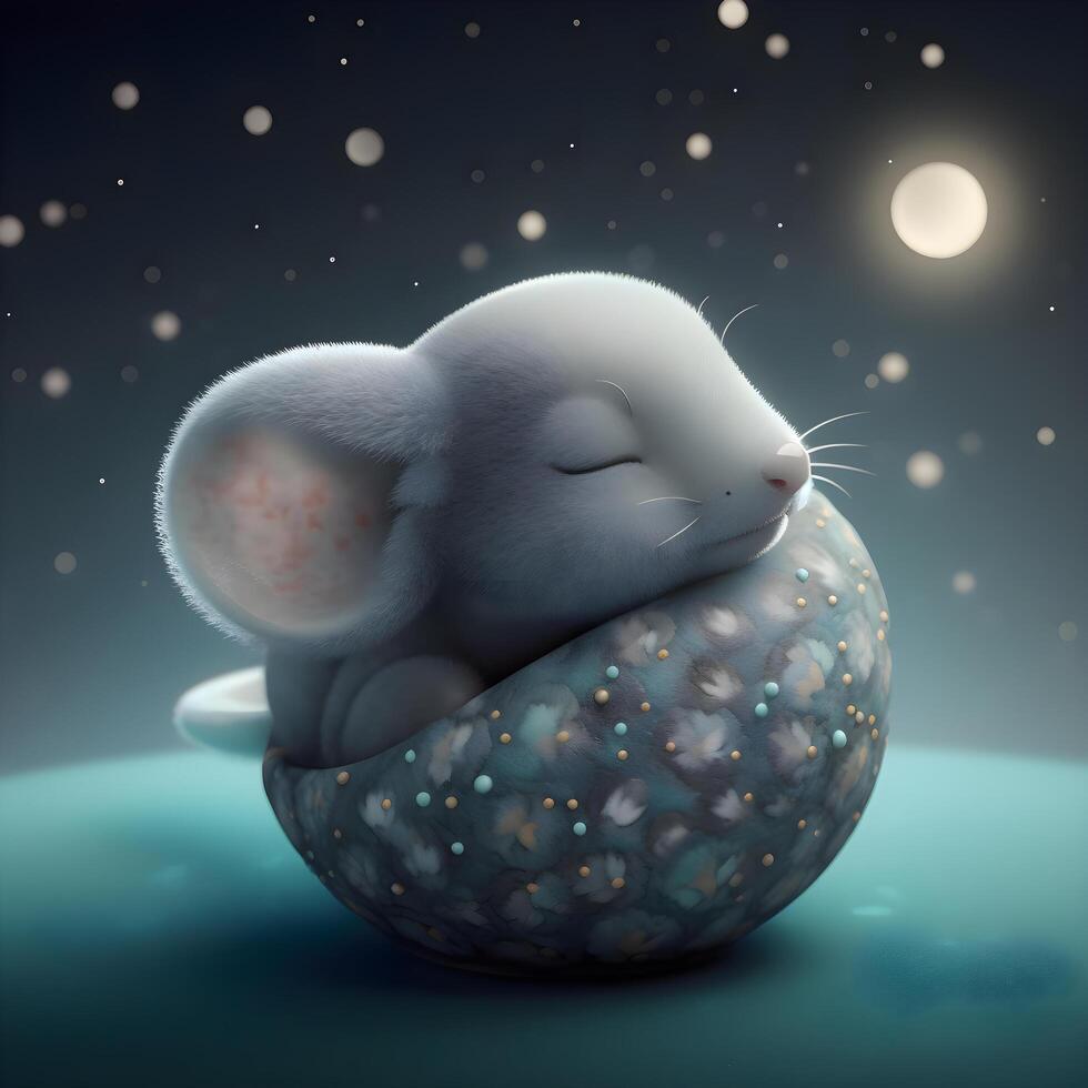 Cute white mouse sleeping in the moonlight. 3D rendering, Image photo