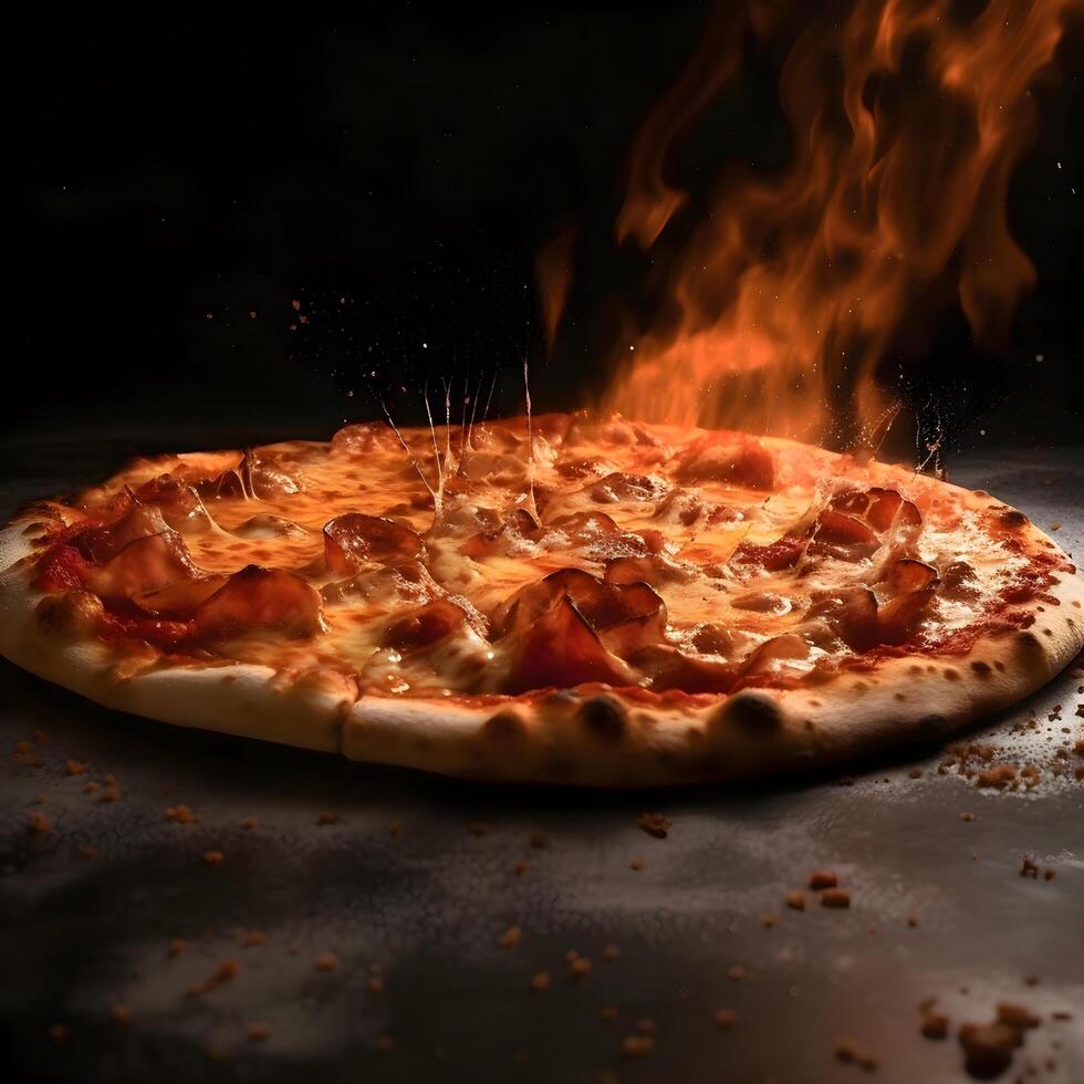 Pizza with pepperoni on a black background. Close-up., Image photo