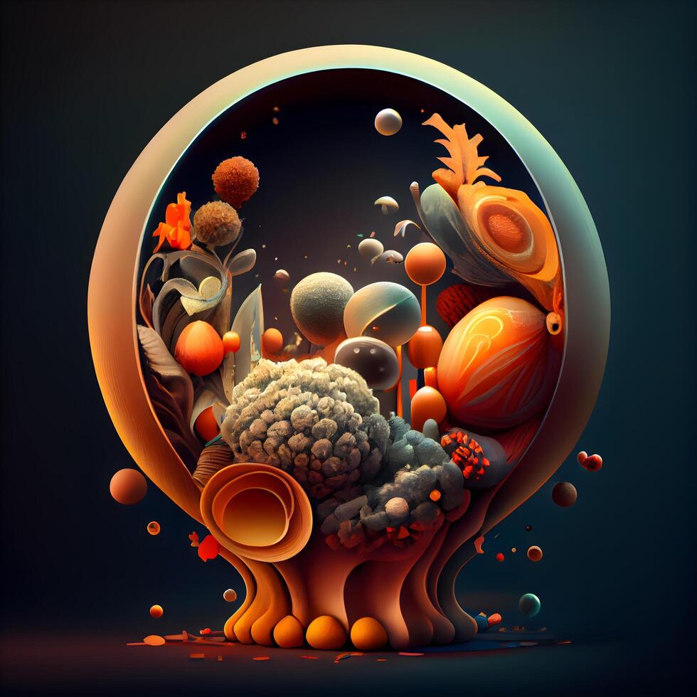 3D illustration of abstract fantasy landscape with planets, stars and flowers, Image photo