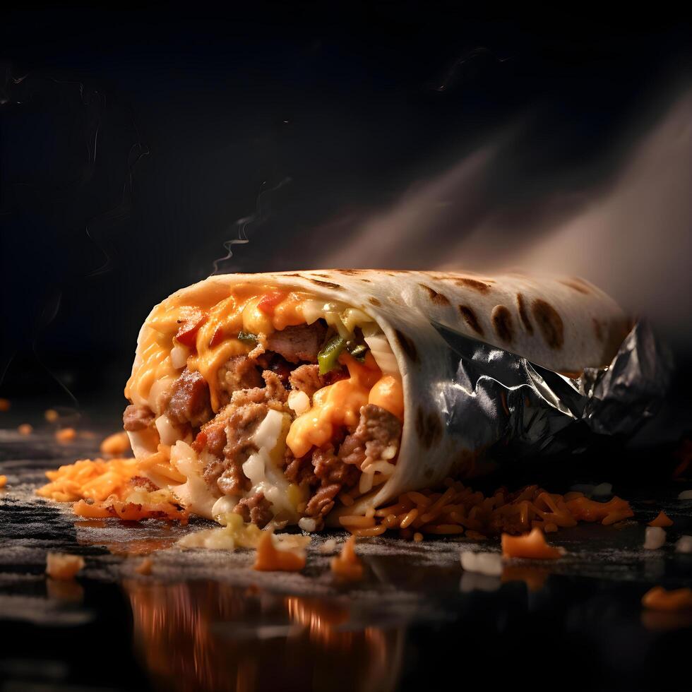 Burrito with meat and cheese on a black background. Shallow depth of field, Image photo