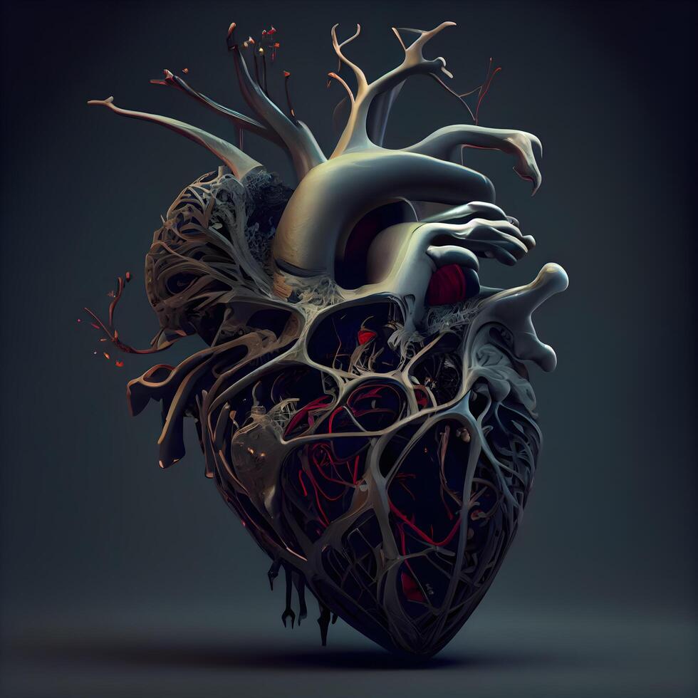 humano corazón en un oscuro antecedentes. 3d representación, 3d ilustración., ai generativo imagen foto