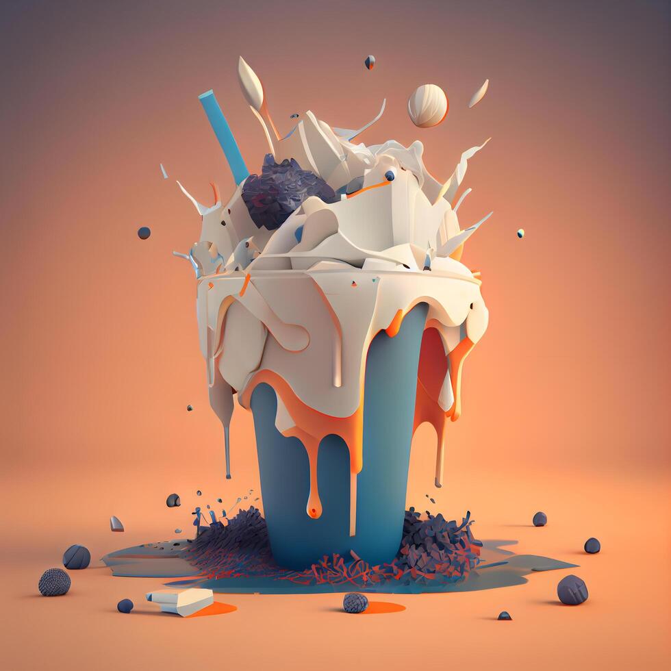 3d illustration of a cupcake with cream and chocolate splashes, Image photo
