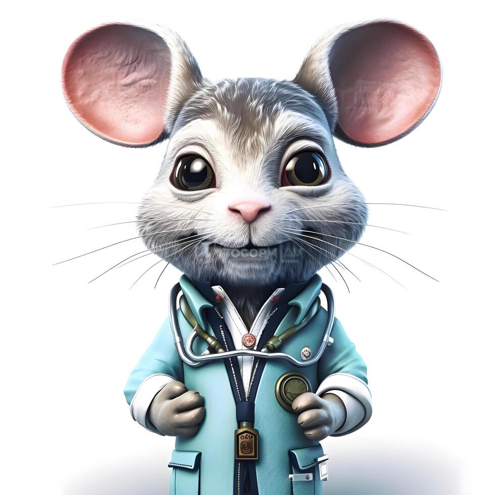 Cartoon mouse with stethoscope and glasses wearing a lab coat, Image photo