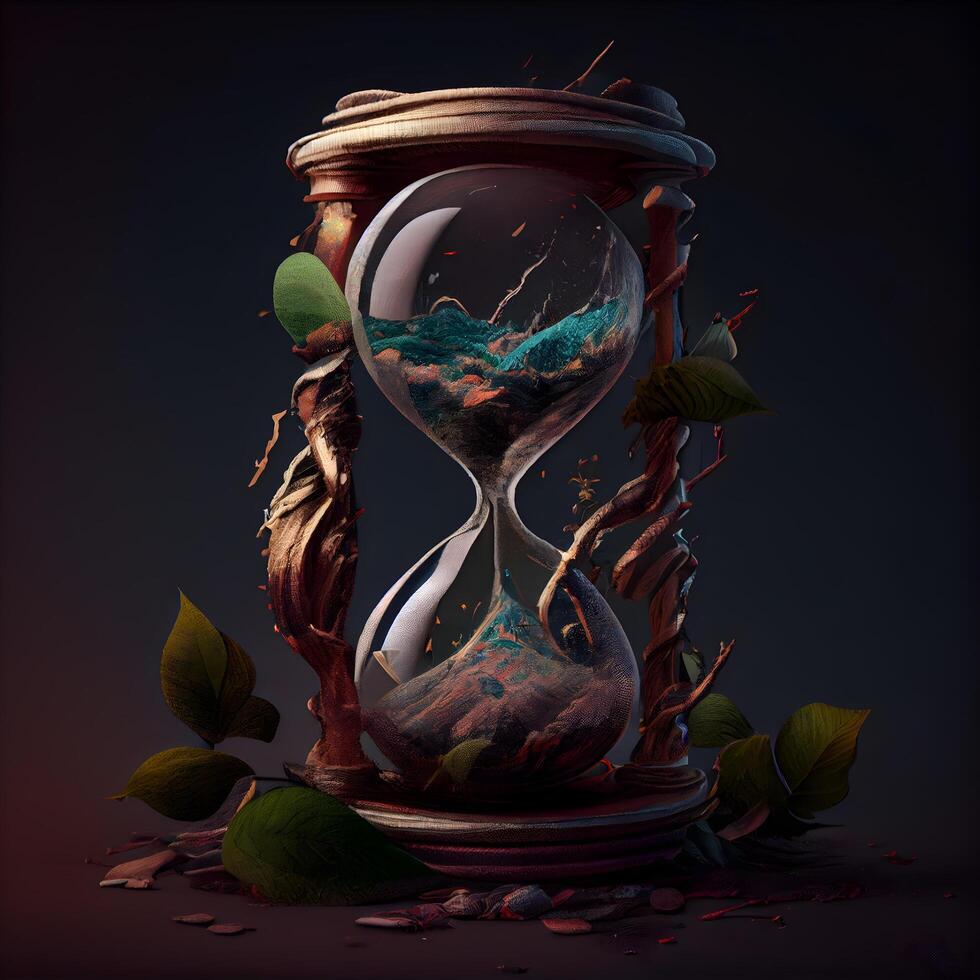 Hourglass with green leaves on dark background. 3D illustration., Image photo