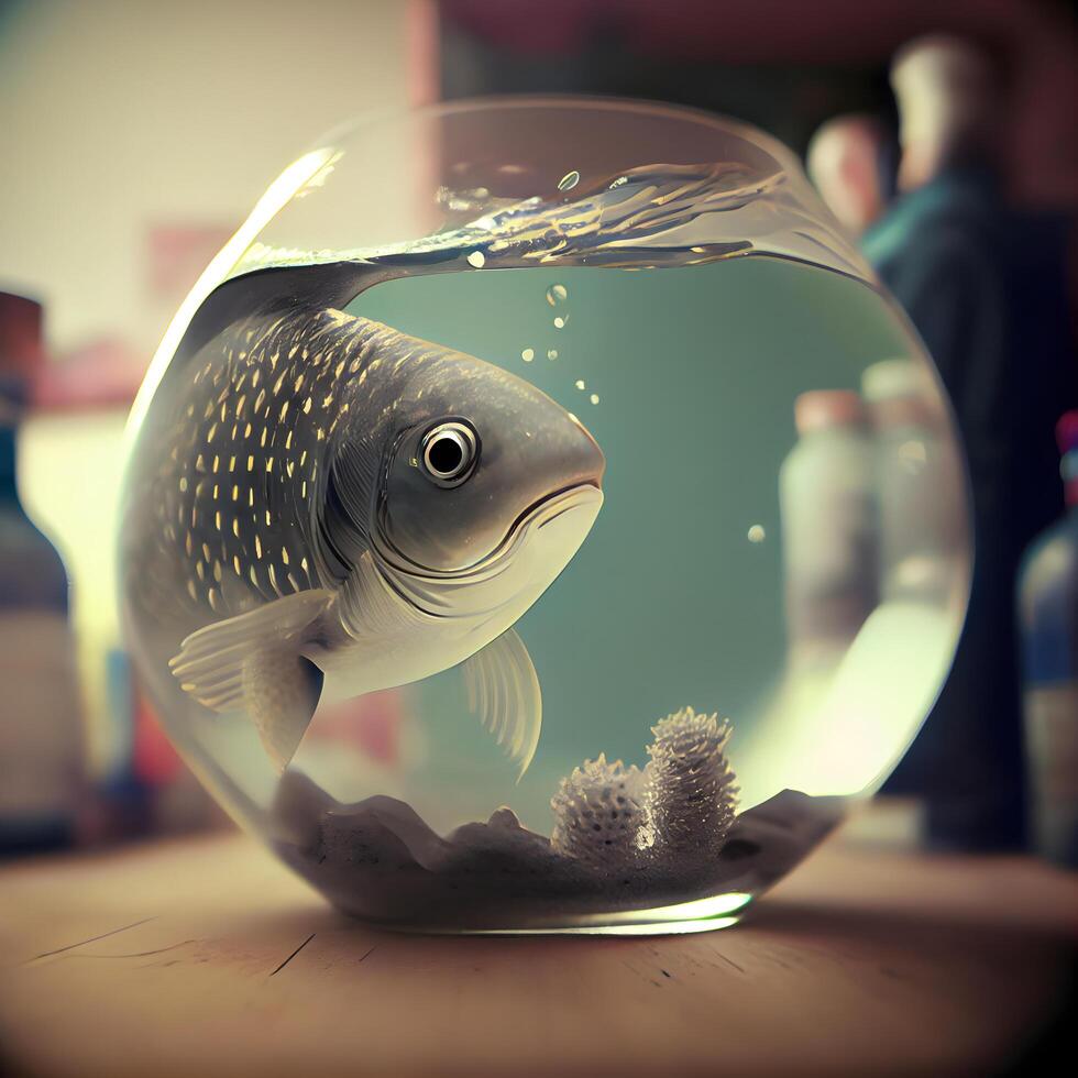 Fish in a fishbowl. Vintage style. Toned image., Ai Generative Image photo