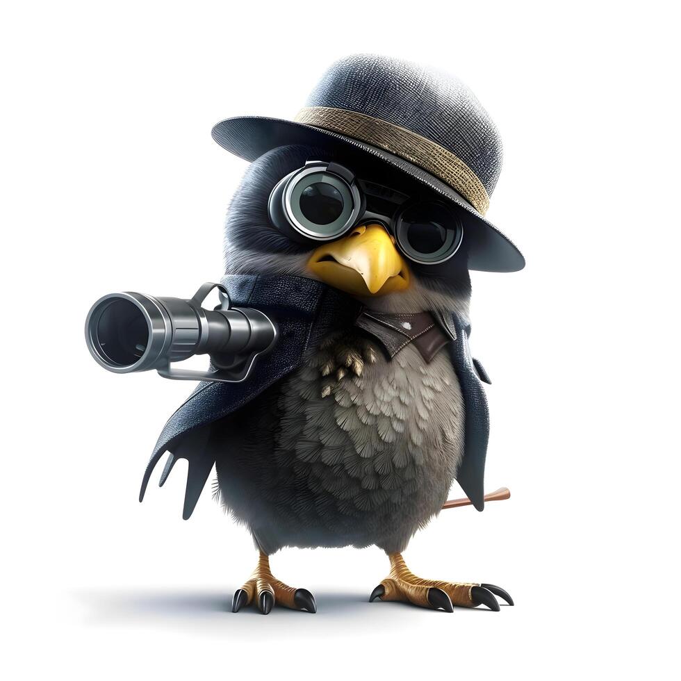 Cute owl in hat and sunglasses with camera on a white background, Image photo