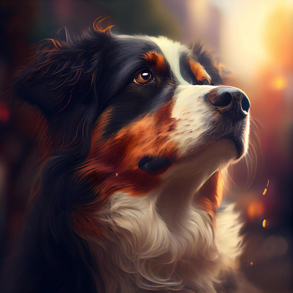 Bernese mountain dog portrait on a background of the forest. Digital painting., Image photo