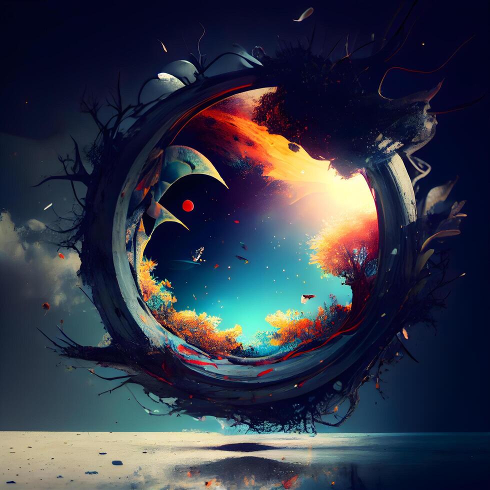 Fantasy planet in surreal space. Collage. 3D rendering, Image photo