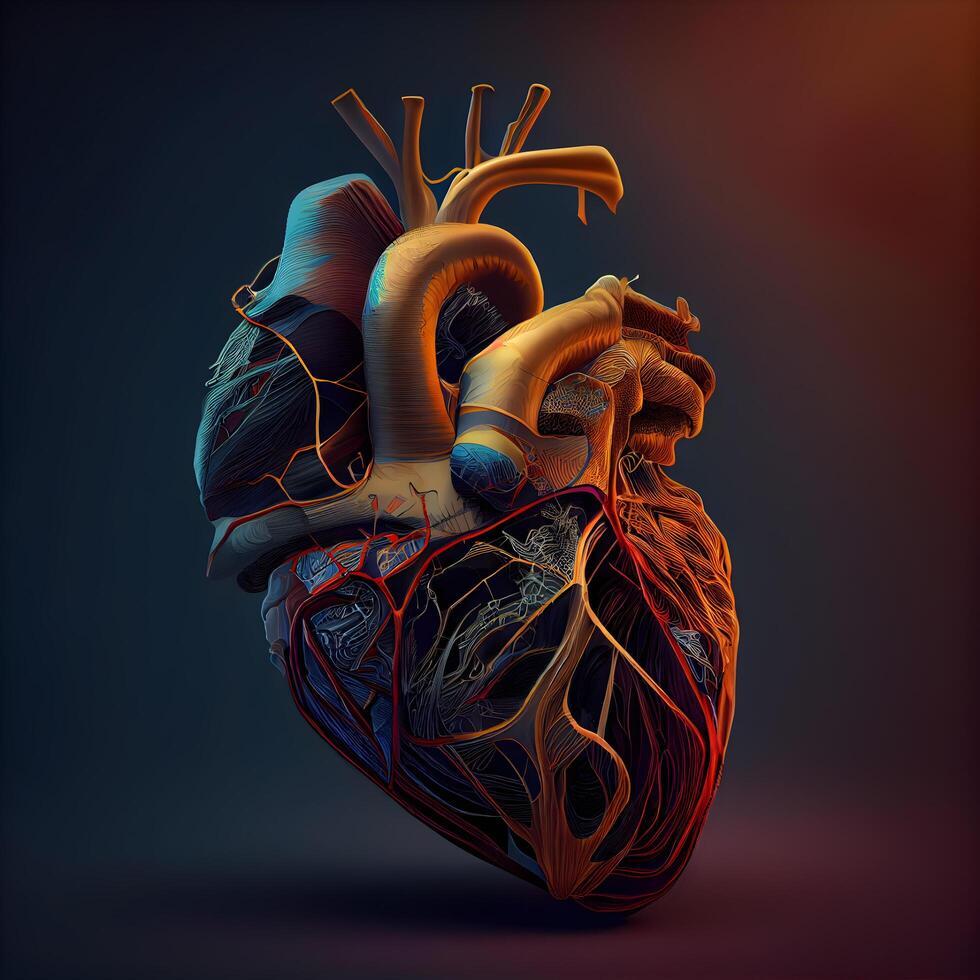 humano corazón anatomía. 3d ilustración. aislado en oscuro fondo., ai generativo imagen foto