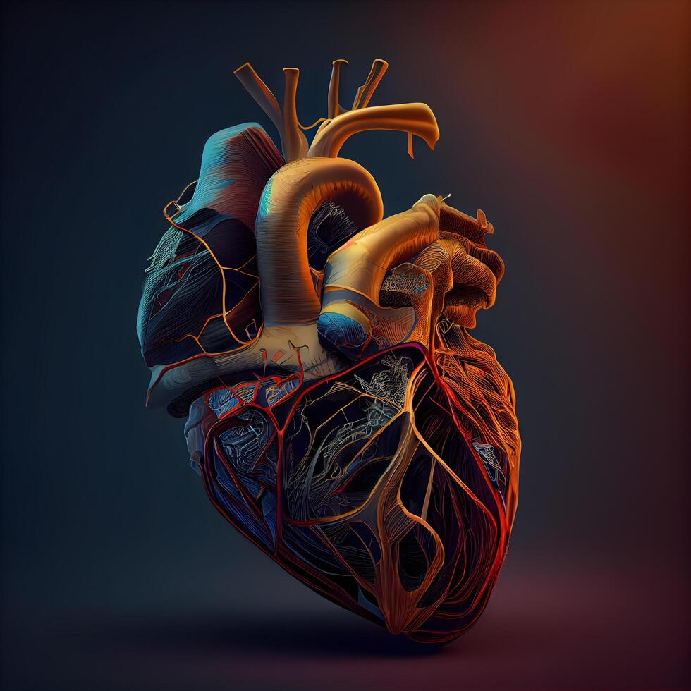 Human heart anatomy. 3d illustration. Isolated on dark background., Ai