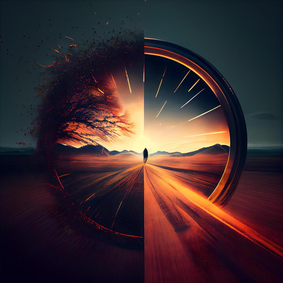 puesta de sol terminado el la carretera. collage. 3d representación., ai generativo imagen foto