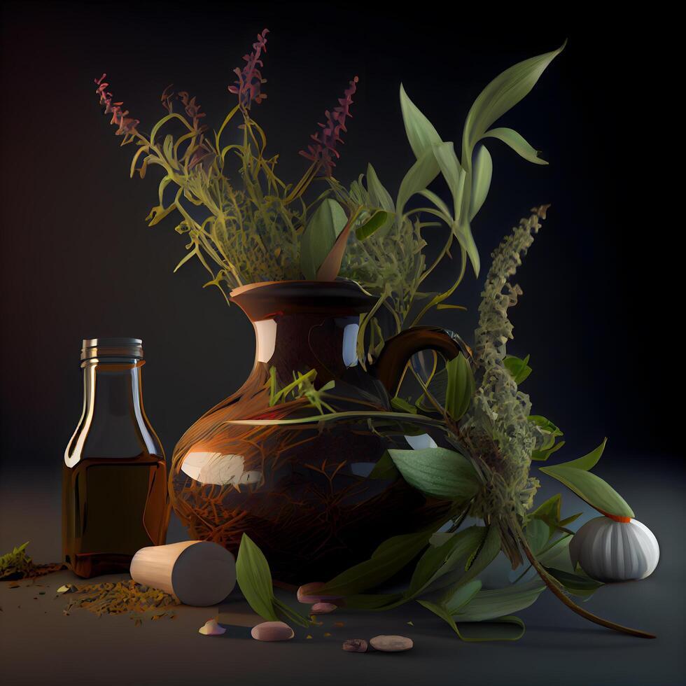 Still life with wildflowers and a jug on a wooden table, Image photo