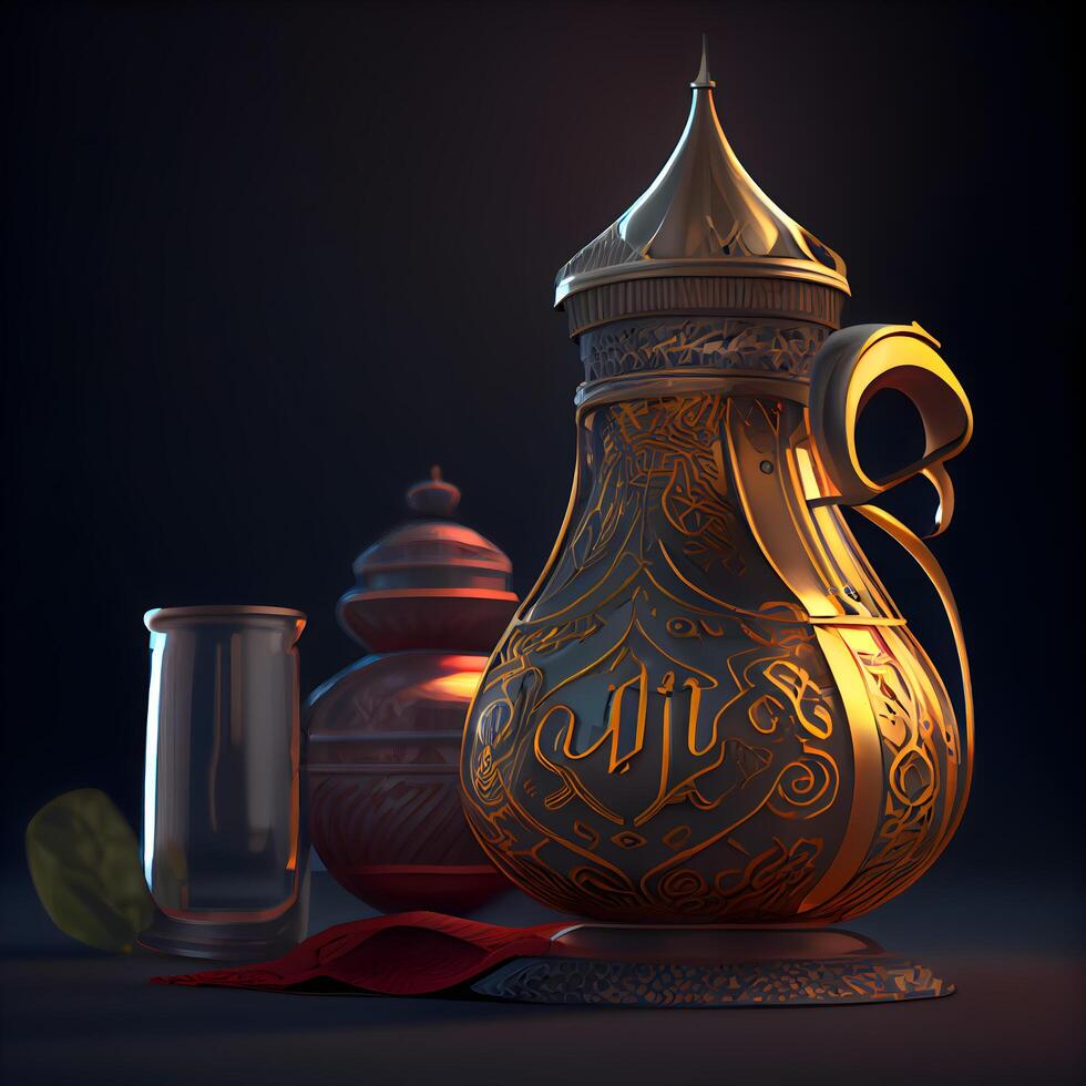 Vintage copper jug on dark background. 3d render illustration., Image photo