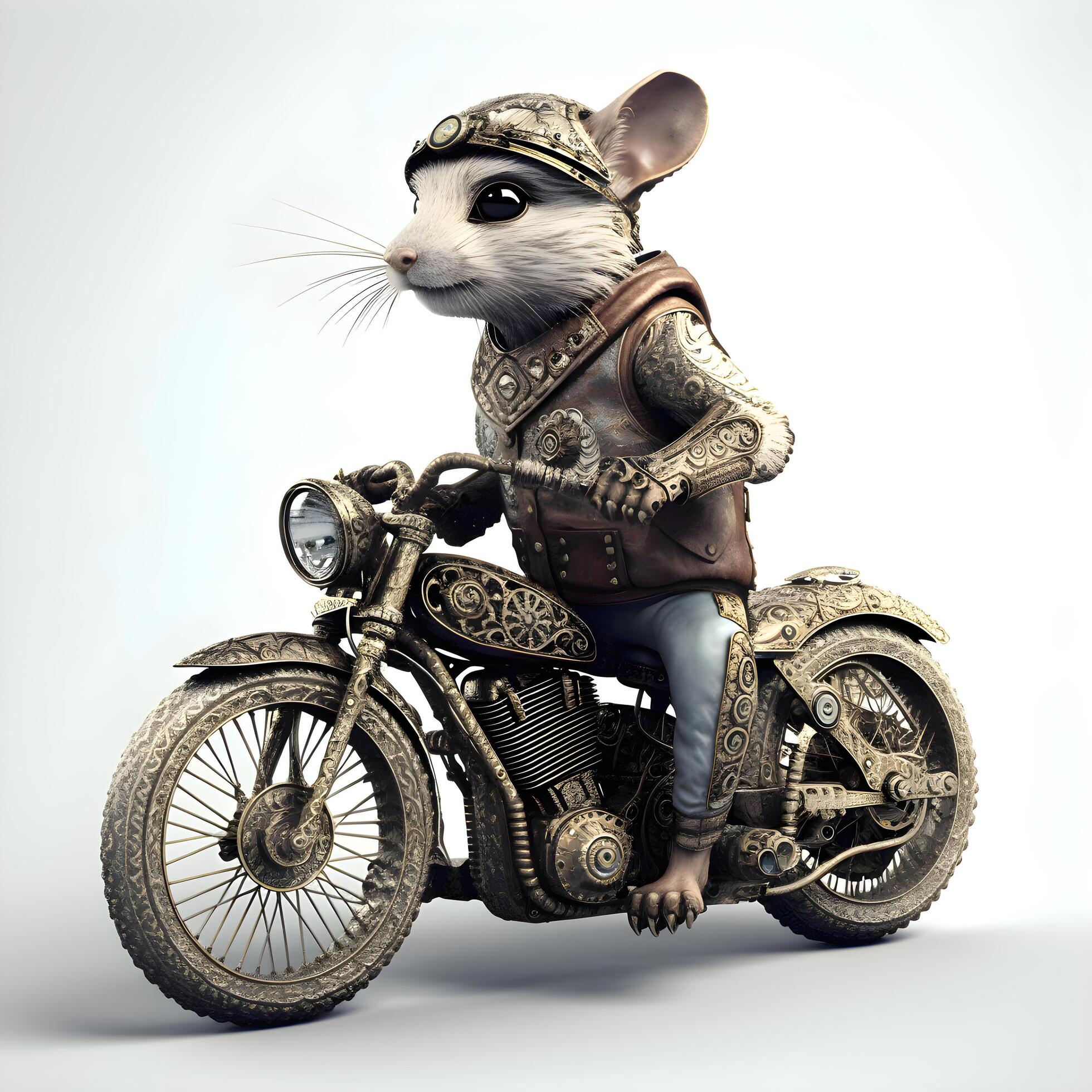 3D rendering of a cute mouse sitting on a vintage motorcycle. Ai
